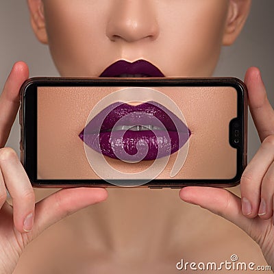 Macro perfect lip makeup. Macro photo face details Stock Photo