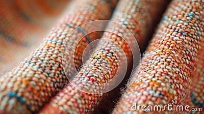 A macro perspective of a Peach Fuzz tweed fabric, emphasizing the intricate weave and the subtle multicolor flecks Stock Photo