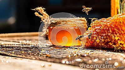 Macro photo of a bee hive on a honeycomb. Bees produce fresh, healthy, honey. Honey background. Beekeeping concept. Long banner Stock Photo