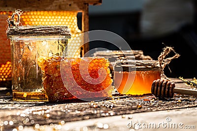 Macro photo of a bee hive on a honeycomb. Bees produce fresh, healthy, honey. Honey background. Beekeeping concept. Long banner Stock Photo