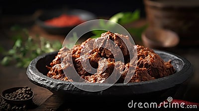 Macro Photo Beef Rendang On Stone Rustic Pub. Generative AI Stock Photo