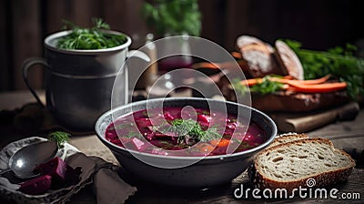 Macro Photo Borscht Beet Soup On Stone Rustic Pub Ukrainian Dishes. Generative AI Stock Photo