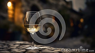 Macro Photo Chardonnay Wine On Stone Rustic Pub. Generative AI Stock Photo