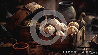 Macro Photo Dim Sum On Stone Rustic Pub. Generative AI Stock Photo
