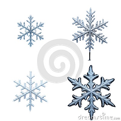 Macro photo of four frozen snowflakes against plain transparent background. Shows unique detailed patterns, structures. Image Stock Photo