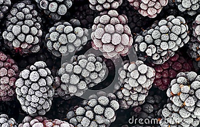 Macro photo of frozen blackberries, as background. Blackberries covered by hoarfrost Stock Photo