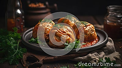 Macro Photo Holubtsi Stuffed Cabbage Rolls On Stone Rustic Pub Ukrainian Dishes. Generative AI Stock Photo