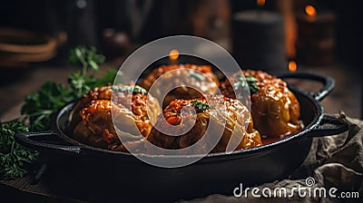 Macro Photo Holubtsi Stuffed Cabbage Rolls On Stone Rustic Pub Ukrainian Dishes. Generative AI Stock Photo