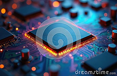 Macro photo of illuminated tech processor. Computer hardware microchip motherboard circuit board digital central processing unit, Stock Photo
