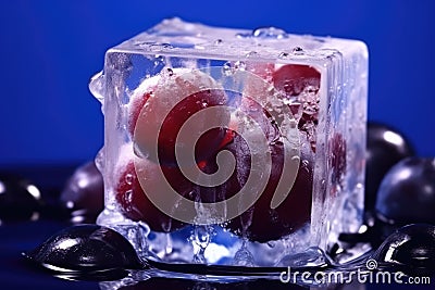 Macro Photo One Grape In An Ice Cube. Generative AI Stock Photo
