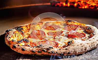 macro photo of pizza in a wood-fired oven with light smoke Stock Photo