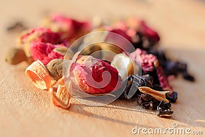 Macro photo of tea with a tea rose. The composition of the heap Stock Photo