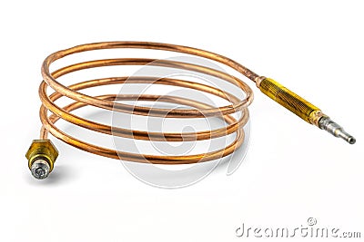 Macro photo of a temperature probe made of copper in the shape of a spiral with threaded tips, isolated on a white background. Stock Photo