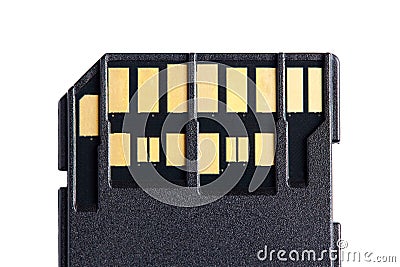 Macro photo of two rows of golden contacts on back of UHS-II high speed memory card isolated on white background close up. Concept Stock Photo