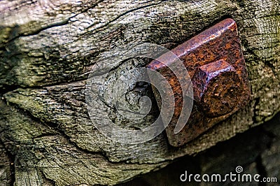 Detail wood and bolt of old railway sleepers Stock Photo