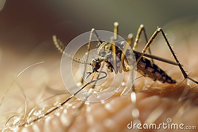 Macro Photography of a tiger mosquito on human skin, dengue epidemic disease Stock Photo