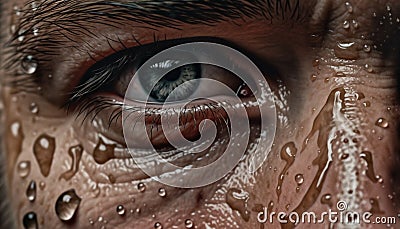 Macro portrait of adult Caucasian eye, wet with raindrop reflection generated by AI Stock Photo