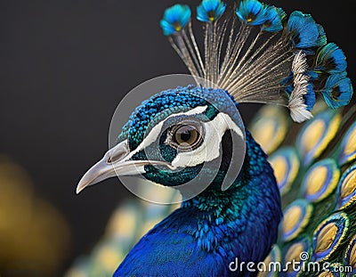 A macro, profile view of an elegant, beautiful peacock with an empty solid black background - generated by ai Stock Photo