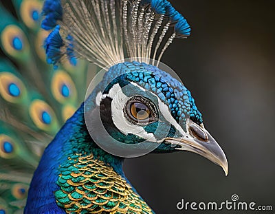 A macro, profile view of an elegant, beautiful peacock with an empty solid black background - generated by ai Stock Photo