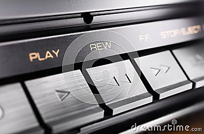 Macro Of A Rectangular Rewind Button Of An Old Hifi Stereo Audio System Stock Photo