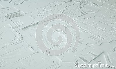 Macro rendering of a futuristic electronic printed circuit board with microchips and processors. Stock Photo
