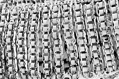 Macro rusty chain and gear, Roller Chain Texture with paint in white color from old material Stock Photo