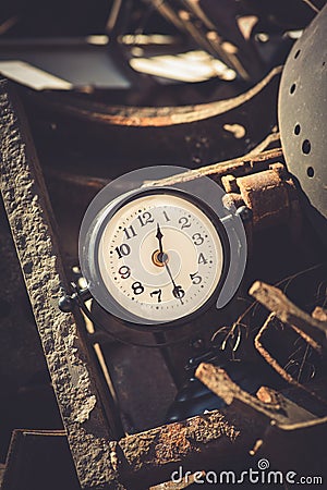 Macro rusty metal parts and old broken clock in sunday flea market Stock Photo