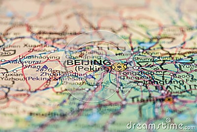 Macro , shallow focus of a map showing the capital of China, Beijing. Editorial Stock Photo