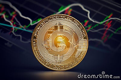 Macro shiny bitcoin and trading market data chart. virtual crypt Stock Photo