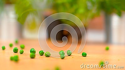 MACRO: Shiny cooked green peas are scattered around the wooden countertop. Stock Photo