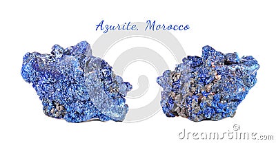 Macro shooting of natural gemstone. Raw mineral azurite, Morocco. Isolated object on a white background. Stock Photo