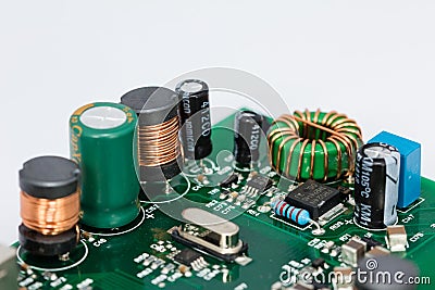 Coils, Capacitors, Resistors And A Crystal Oscillator Stock Photo