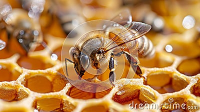 Macro shot of a bee hive on slices of honeycomb with a colony of wild Apis. Generative Ai Stock Photo