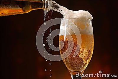 A macro shot of beer being poured into a glass, with the bubbles and foam rising to the top. Generative Ai Stock Photo