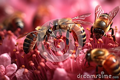 macro shot of bees collecting nectar from flowers Stock Photo