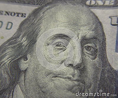 Closeup of Benjamin Franklin on the one hundred dollar bill Stock Photo