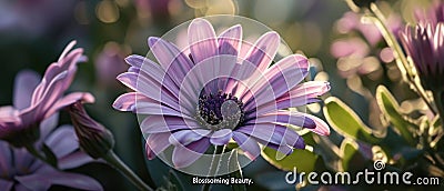 A Macro Shot Of A Blooming Flower With The Words Blossoming Beauty Stock Photo