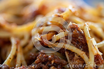 Macro shot of a bunch of spaghetti with minced meat sauce, Bolognese Stock Photo