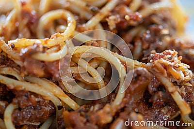 Macro shot of a bunch of spaghetti with minced meat sauce, Bolognese Stock Photo