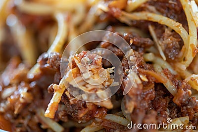 Macro shot of a bunch of spaghetti with minced meat sauce, Bolognese Stock Photo