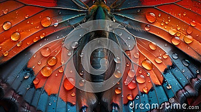 Vibrant Butterfly Wings Glisten with Dew Drops, Nature's Beauty in Close-up. Vivid Colors and Patterns in Wildlife Stock Photo