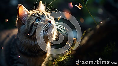macro shot of a cat and a butterfly Stock Photo