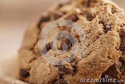 Macro shot of classic chocolate chip cookies in bowl Stock Photo