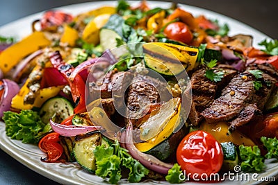 Macro shot of a colorful and fresh Churrasco salad with grilled vegetables, juicy steak, and tangy vinaigrette dressing Stock Photo