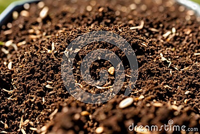 Macro shot of compostable waste in a compost bin, emphasizing organic waste recycling and soil enrichment. AI generated. Stock Photo