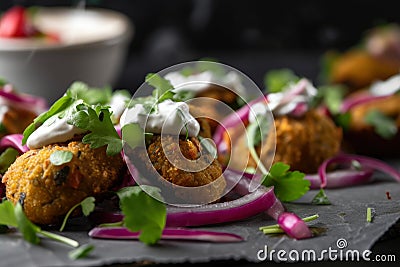 Macro shot of crispy falafel bites served with a tangy tzatziki sauce and topped with sliced red onions and fresh mint leaves Stock Photo