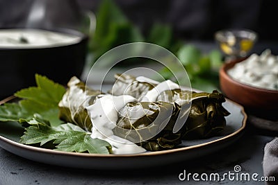 Macro Shot of Delicious Stuffed Grape Leaves with a Tangy Yogurt Sauce Stock Photo