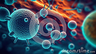 Macro shot of different types of microbes. Virus cells and bacteria on abstract background. Generative AI Stock Photo