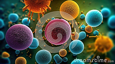 Virus cells and bacteria, Macro shot of different types of microbes on abstract background. Generative Stock Photo