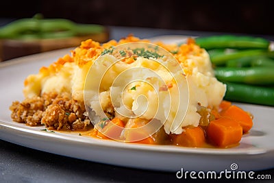 Macro shot of a dish of Shepherd pie with a crispy and golden panko breadcrumb topping, served with a side of green beans Stock Photo